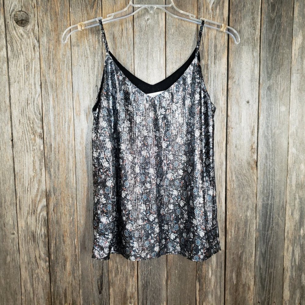 NEW Loft M Black Gray Silver Floral Shimmer Cami Tank Top